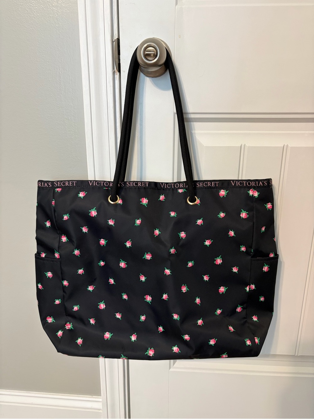 Victoria's Secret Black Tote with Pink Rose Print